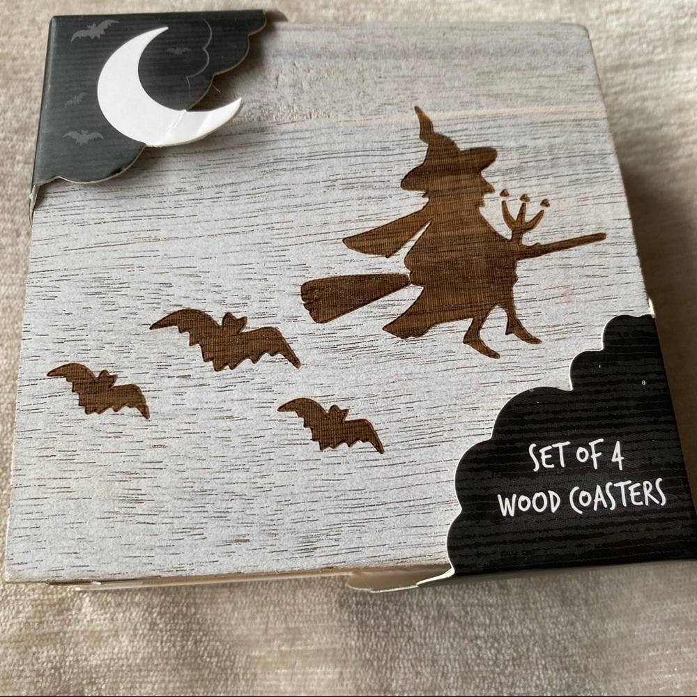 Set Of 4 Wood Coasters Fall Halloween Brand New